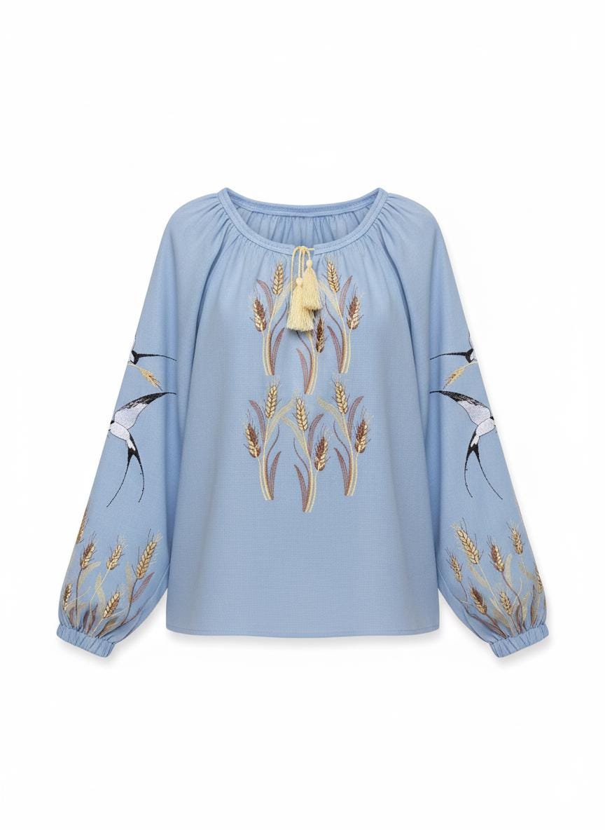 Custom Blue Linen Vyshyvanka – Bohemian Embroidered Blouse with Swallows and Wheat