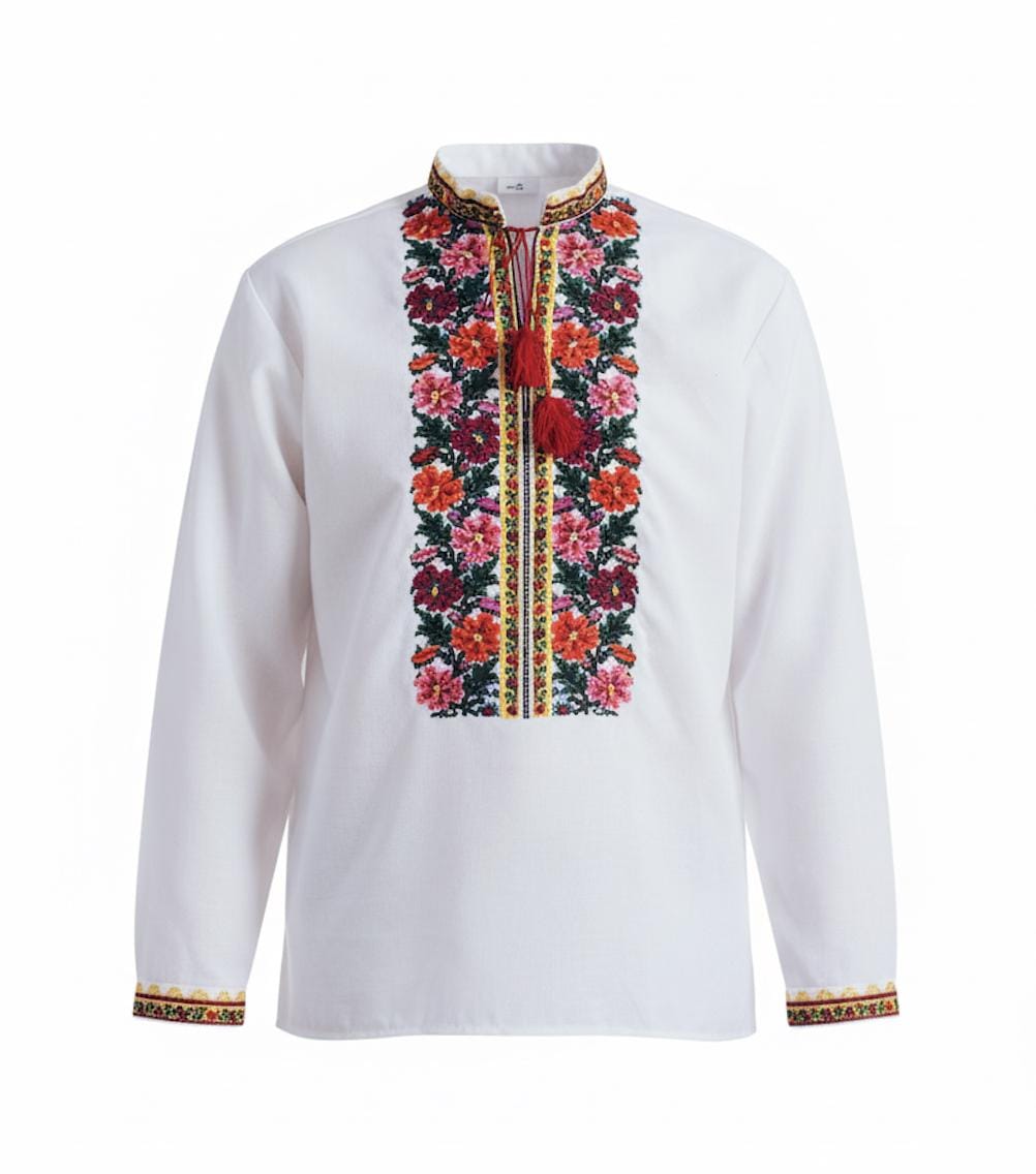 Men’s Ukrainian Embroidered Shirt | Bukovynian Floral Vyshyvanka | Handmade Homespun Fabric | Custom Size XS–4XL | Matching Couple Set