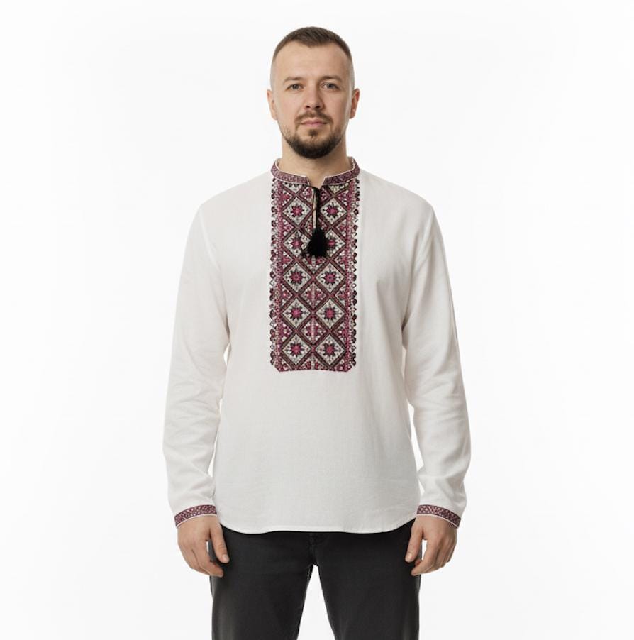 Men’s Ukrainian Embroidered Shirt | Linen Viscose Vyshyvanka | Podillia Geometric Folk Pattern | Handmade Custom Size | Matching Couple Set
