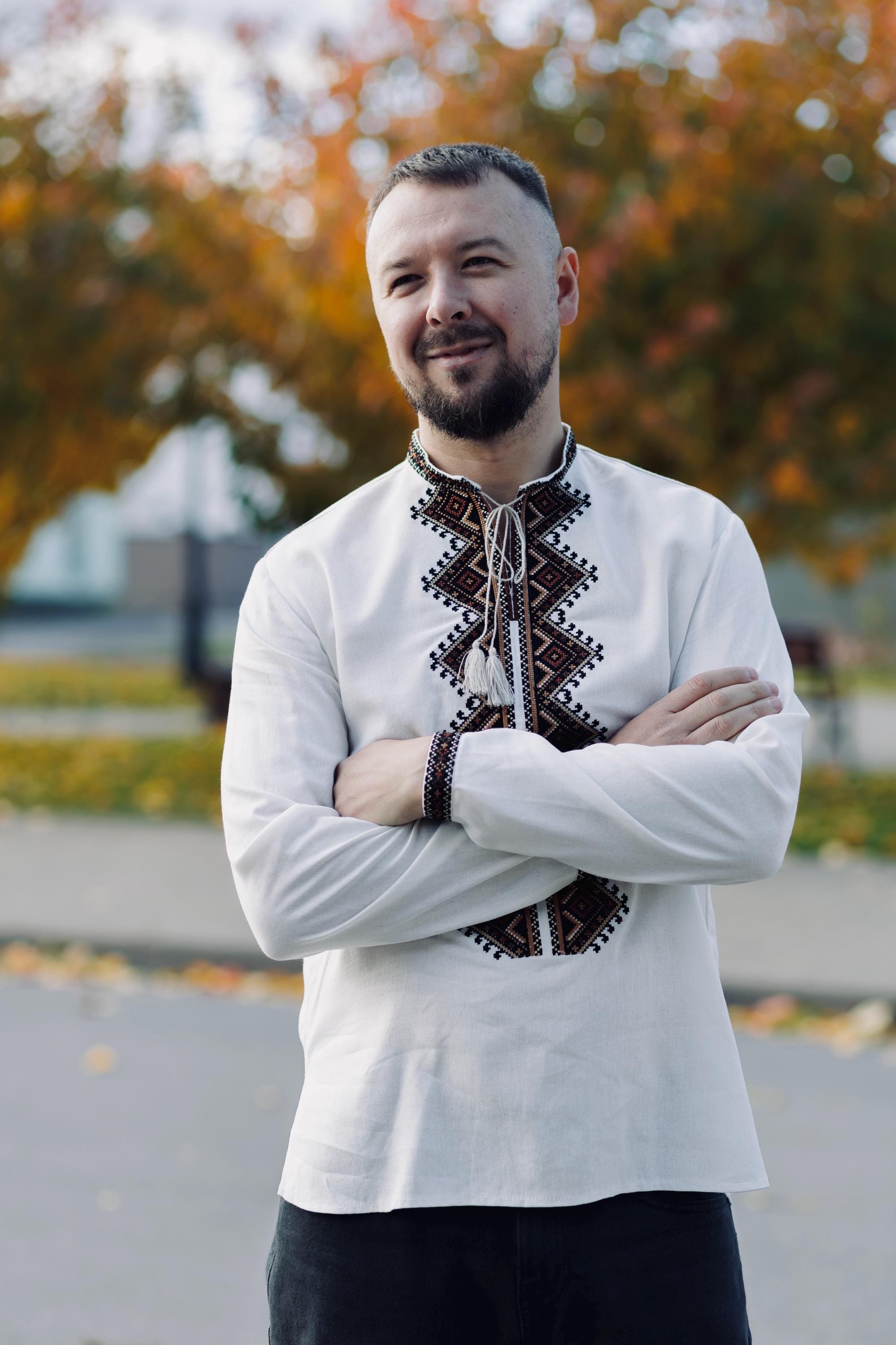 Men’s Brown Linen Embroidered Shirt | Ukrainian Folk Geometric Pattern | 70/30 Linen-Viscose