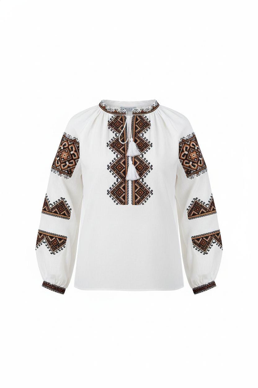 Women’s Brown Embroidered Linen Top | Traditional Ukrainian Folk Blouse