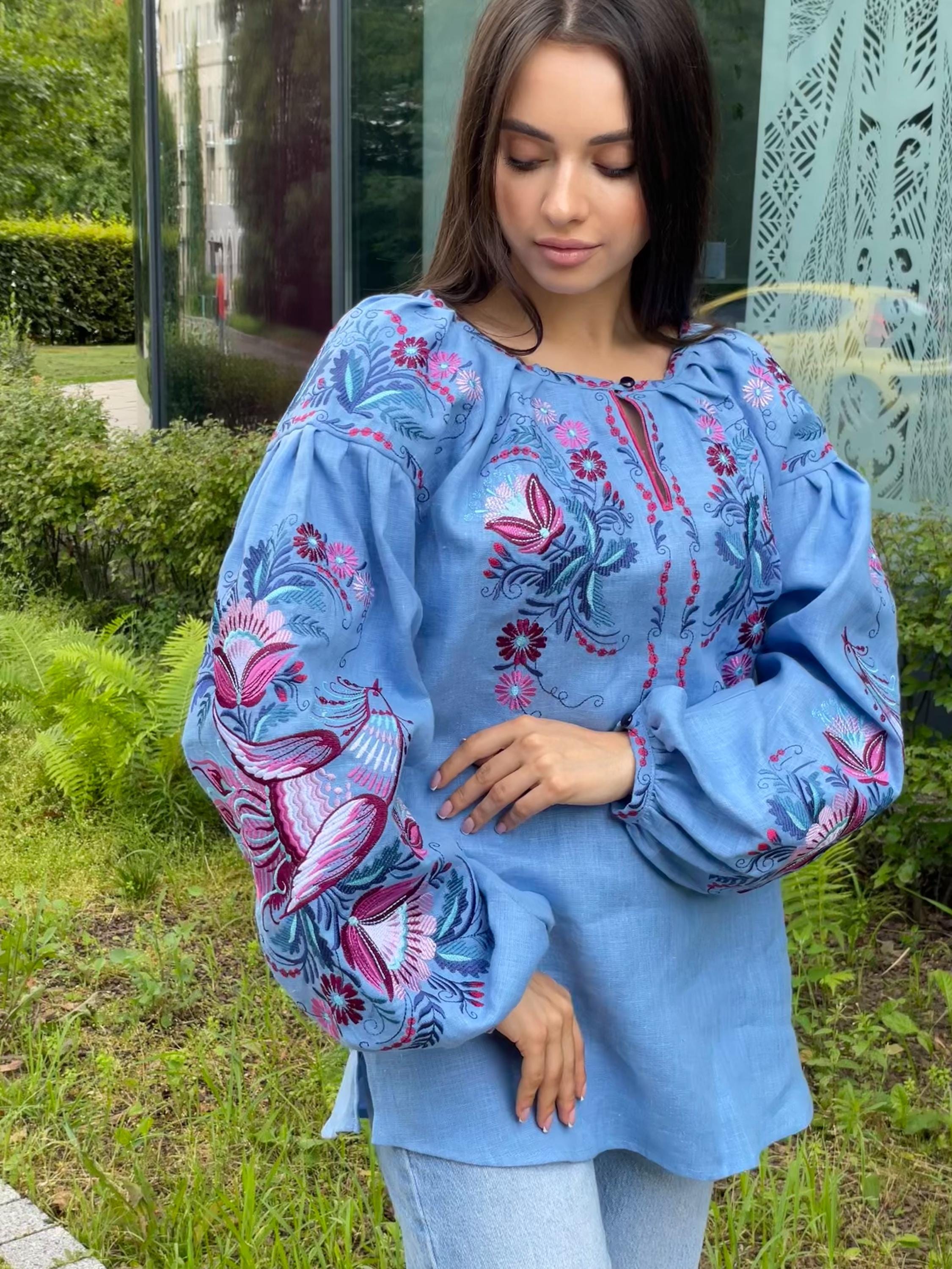 Blue Linen Vyshyvanka, Petrykivka Floral Boho Top, Ukrainian Embroidered Blouse, Folk Peasant Shirt,