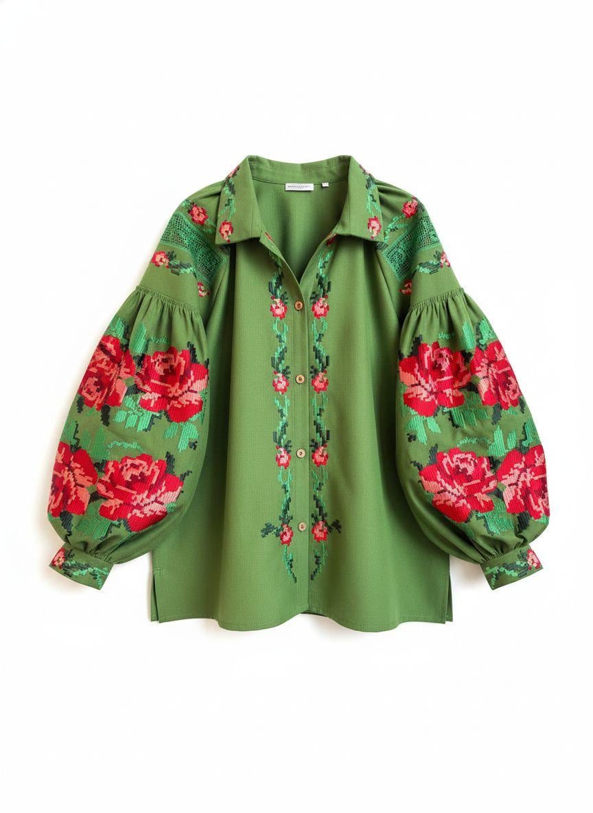 Handcrafted Floral Shirt, Green Boho Top with Roses, Custom Linen Blouse, Premium Embroidered Vyshyvanka, Summer Folk Tunic, Gift for Her