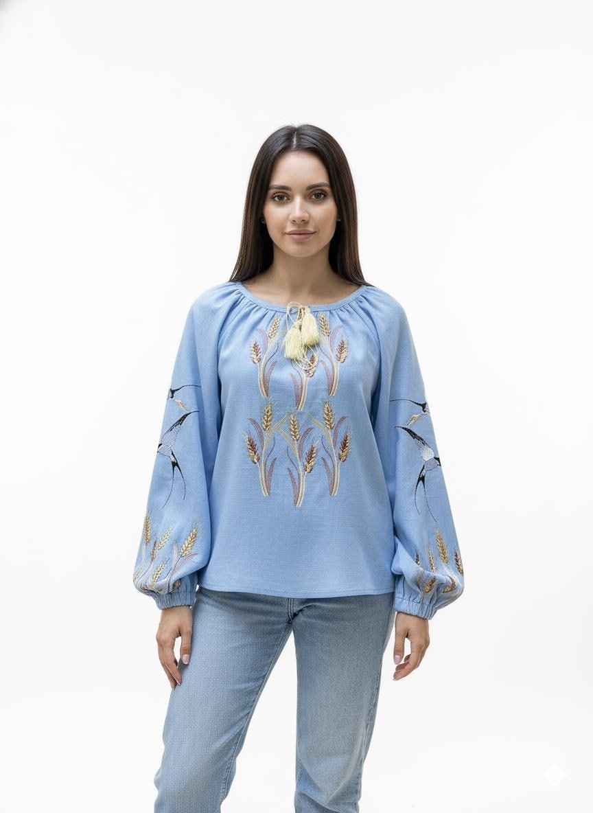 Blue Linen Vyshyvanka, Swallow Bird Embroidery, Wheat Ear Blouse, Ukrainian Boho Top, Spring Peace Symbol Gift