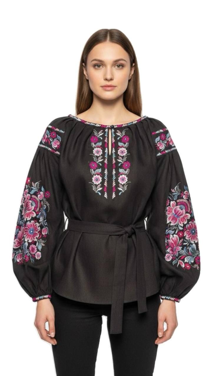 Handcrafted Linen Top, Black Boho Shirt, Pink Floral Embroidery, Ukrainian Blouse, Festival Outfit, Personalized Gift