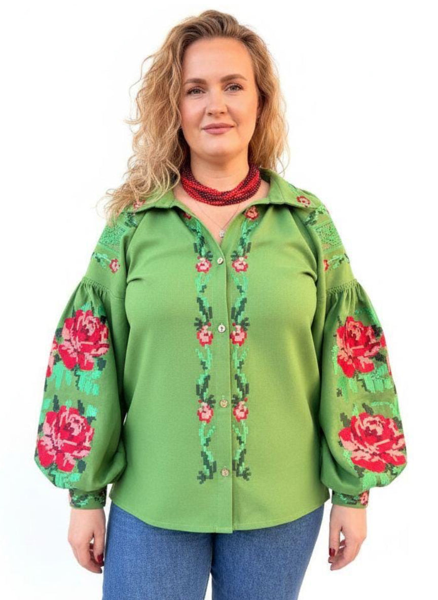 Handcrafted Floral Shirt, Green Boho Top with Roses, Custom Linen Blouse, Premium Embroidered Vyshyvanka, Summer Folk Tunic, Gift for Her