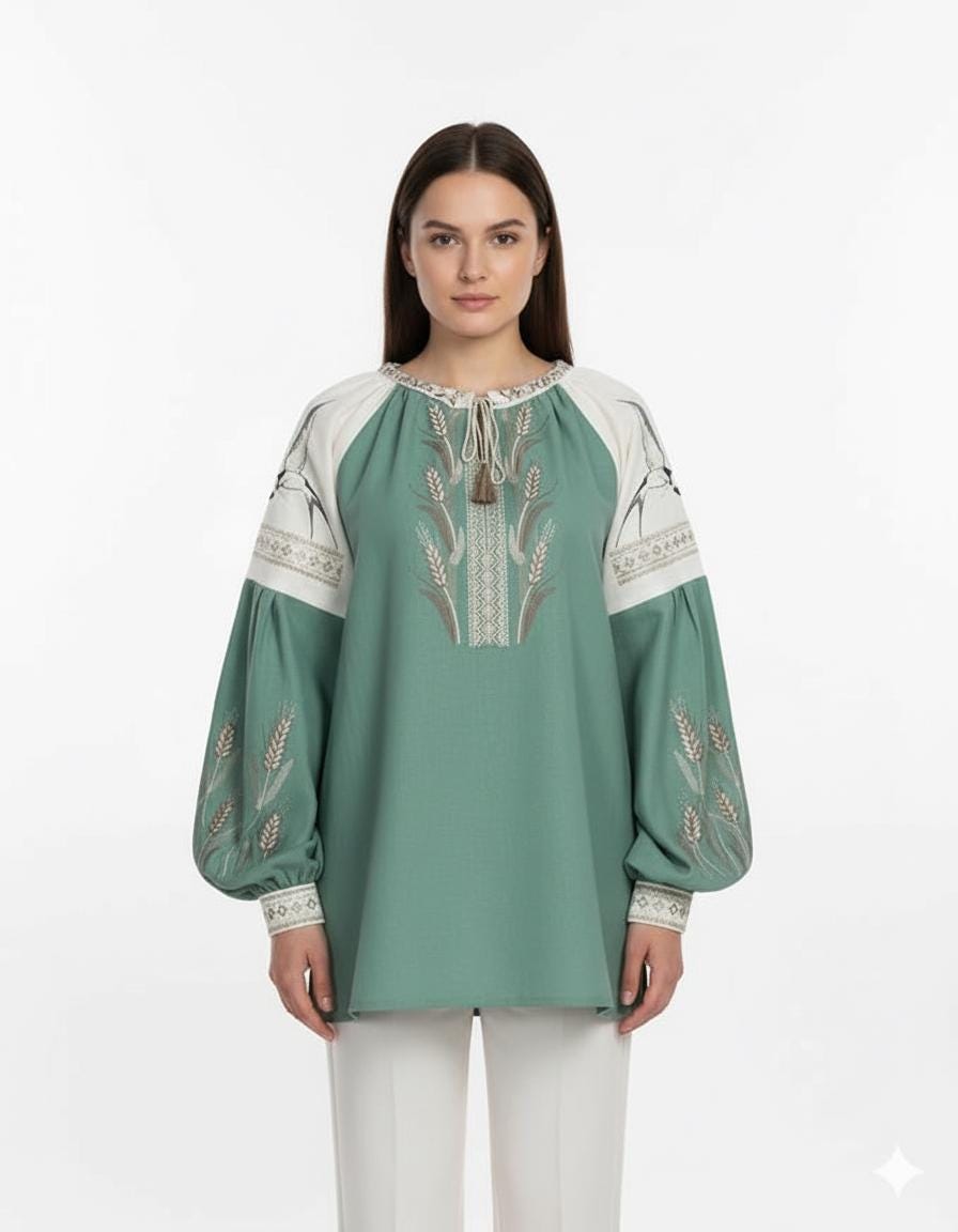 Mint Vyshyvanka Blouse – Handmade Embroidery Wheat and Swallows Folk Shirt