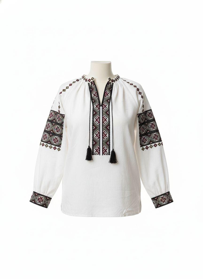 White Linen Viscose Blouse Geometric Magenta Embroidery Ukrainian Vyshyvanka Matching Couple Outfit
