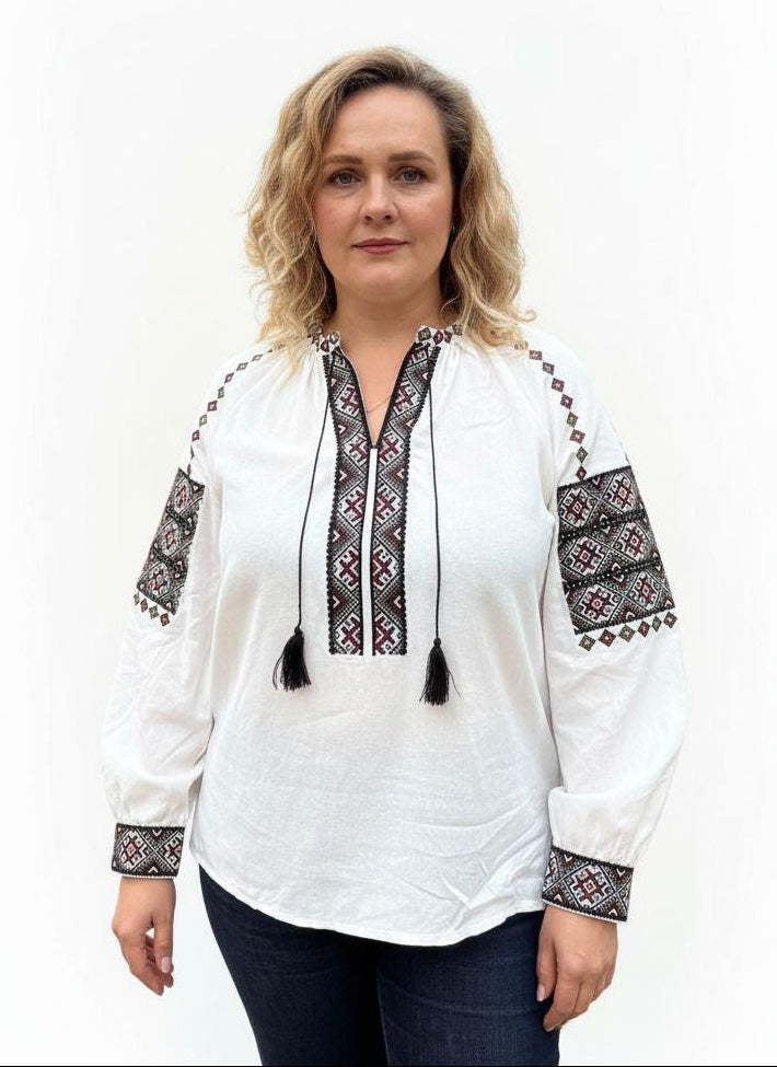 White Linen Viscose Blouse Geometric Magenta Embroidery Ukrainian Vyshyvanka Matching Couple Outfit