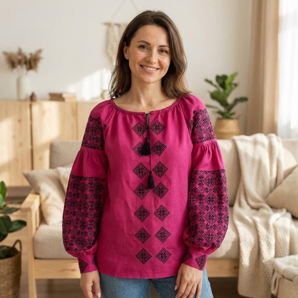 Magenta Ukrainian Vyshyvanka | Pink Linen Blouse with Navy Blue Embroidery | Boho Folk Top | Balloon Sleeve Shirt | Family Look Outfit