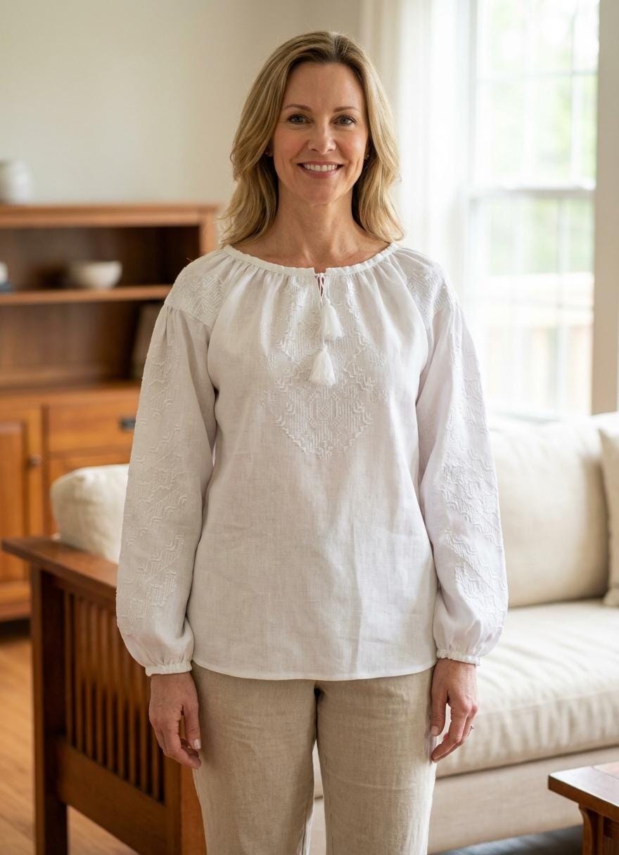 Custom White Linen Shirt, Whitework Embroidery, Sustainable Fashion, Eco Friendly Gift, Modern Ukrainian Blouse, Spring Boho Top, Wife