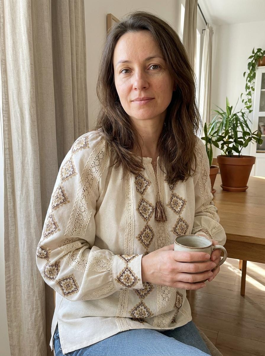 Hand Embroidered Linen Blouse, Beige Geometric Vyshyvanka, Openwork Merezhka Top, Ukrainian Folk Clothing, Custom Size, Gift for Her