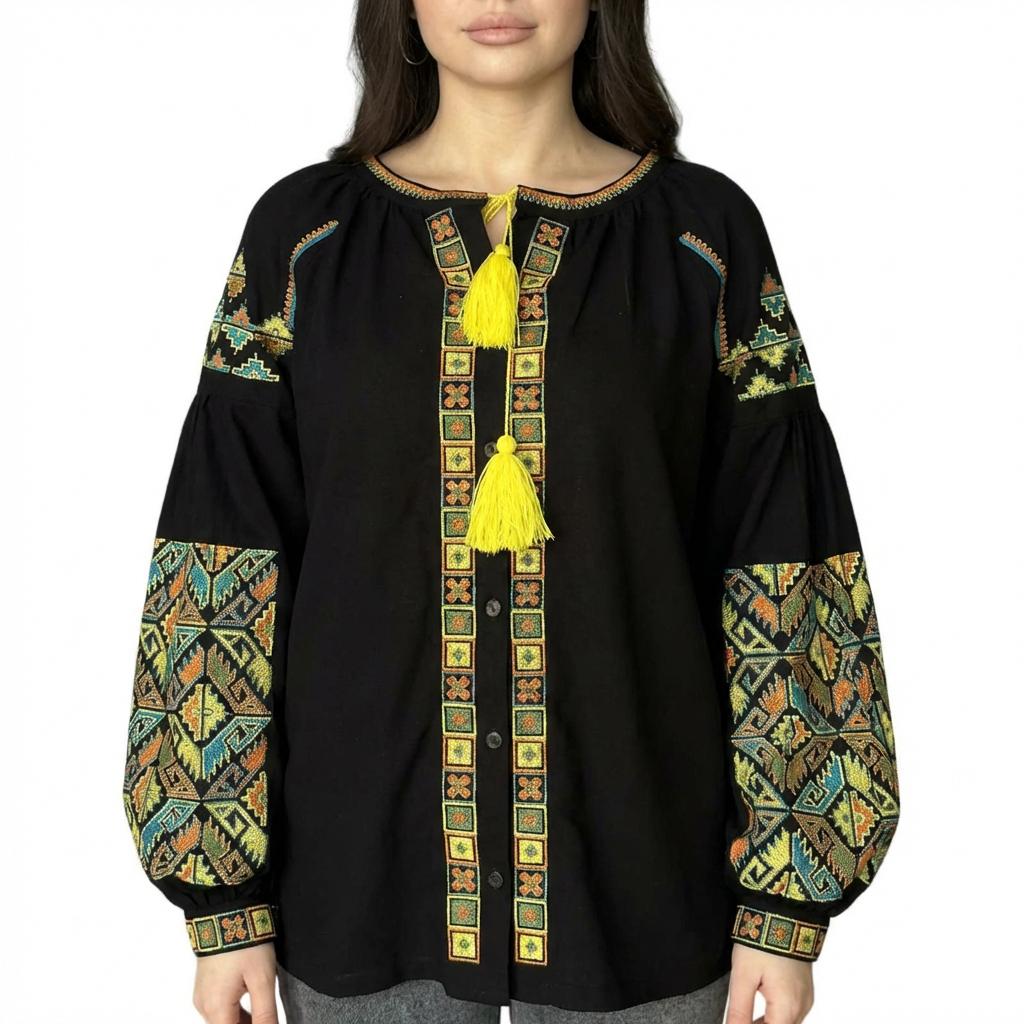 Black Linen Viscose Blouse, Geometric Boho Top, Yellow Tassels, Eco Gift Packaging, Plantable Tag, Custom Size Shirt, Ukrainian Vyshyvanka