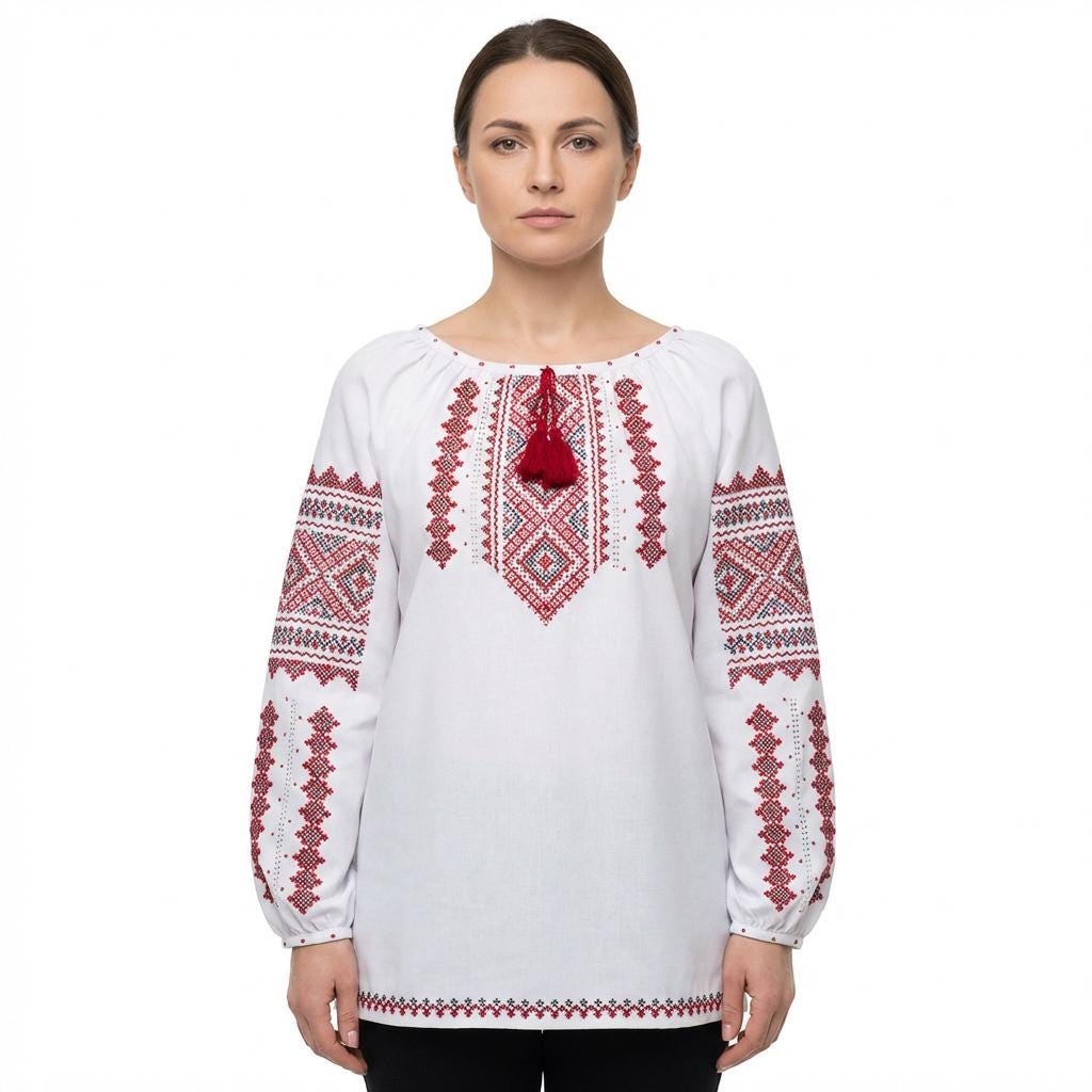 Hand Embroidered Blouse, Red Black Geometric Vyshyvanka, Ukrainian Linen Shirt, Custom Size Folk Top, Artisan Made Clothing, Sorochka