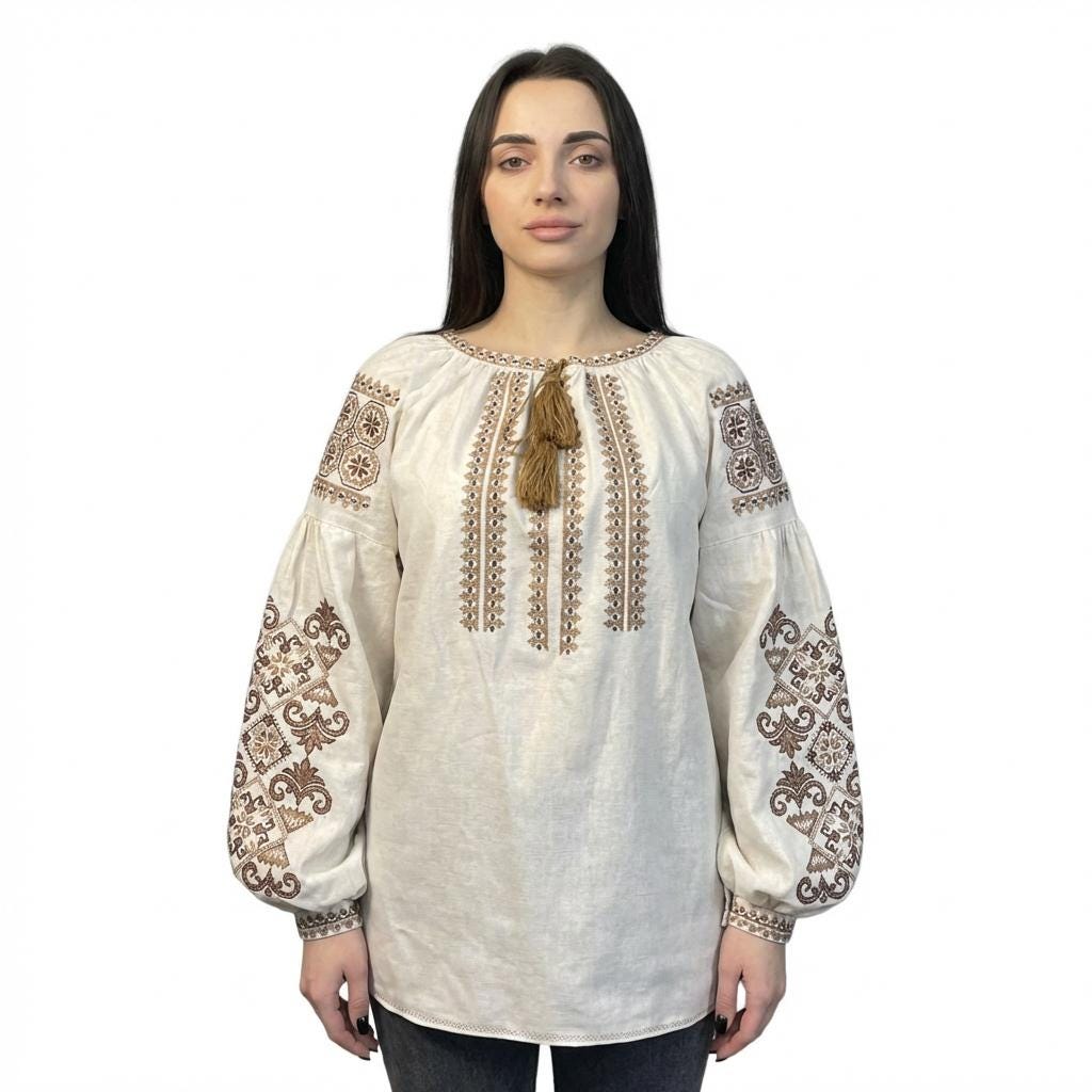 Handcrafted Peasant Top, Beige and Brown Shirt, Ukrainian Clothing, Modern Folk Blouse, Zero Waste Gift, Matching Family Look, Artisan