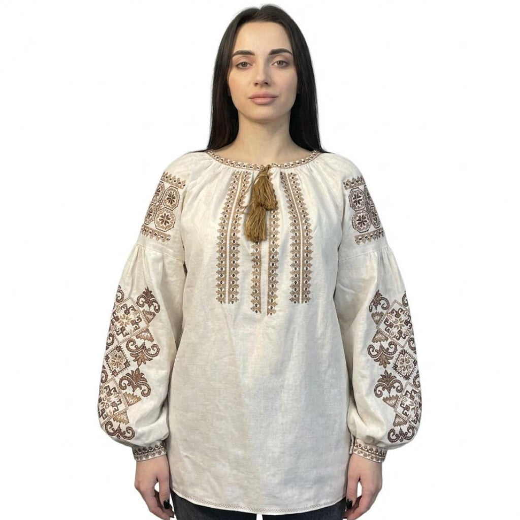Handcrafted Peasant Top-Beige and Brown