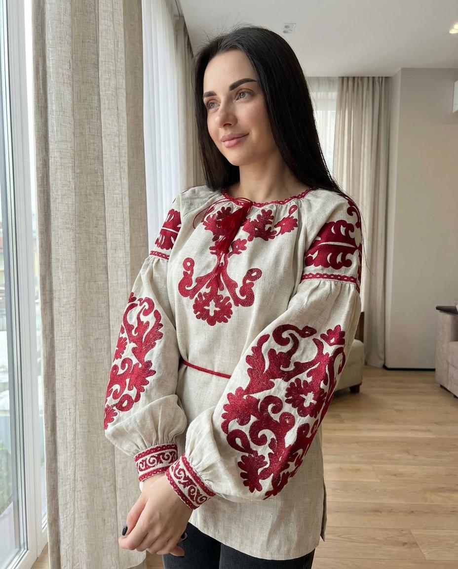 Beige Linen Blend Blouse, Red Tree of Life Embroidery, Ukrainian Vyshyvanka, Boho Peasant Top, Custom Fit Shirt, Folk Art Tunic, Gift