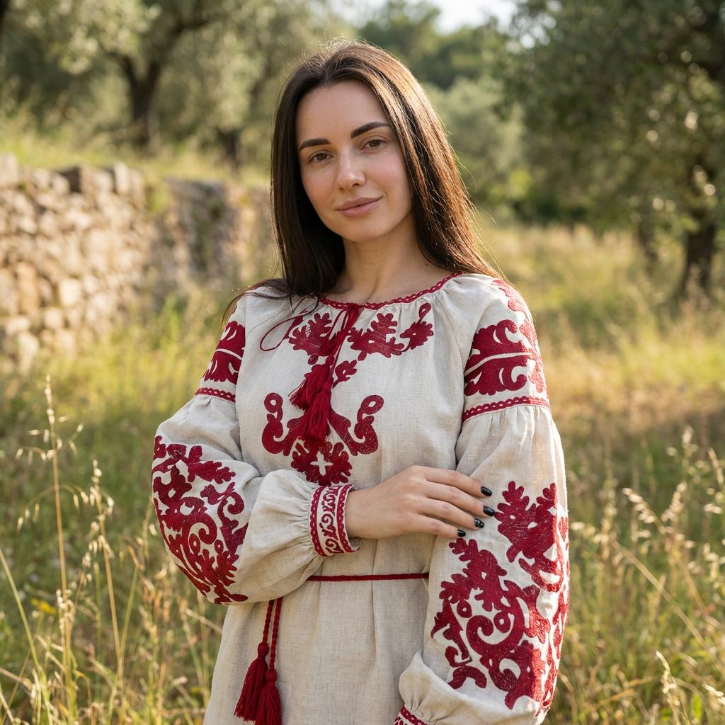 Beige Linen Blend Blouse, Red Tree of Life Embroidery, Ukrainian Vyshyvanka, Boho Peasant Top, Custom Fit Shirt, Folk Art Tunic, Gift