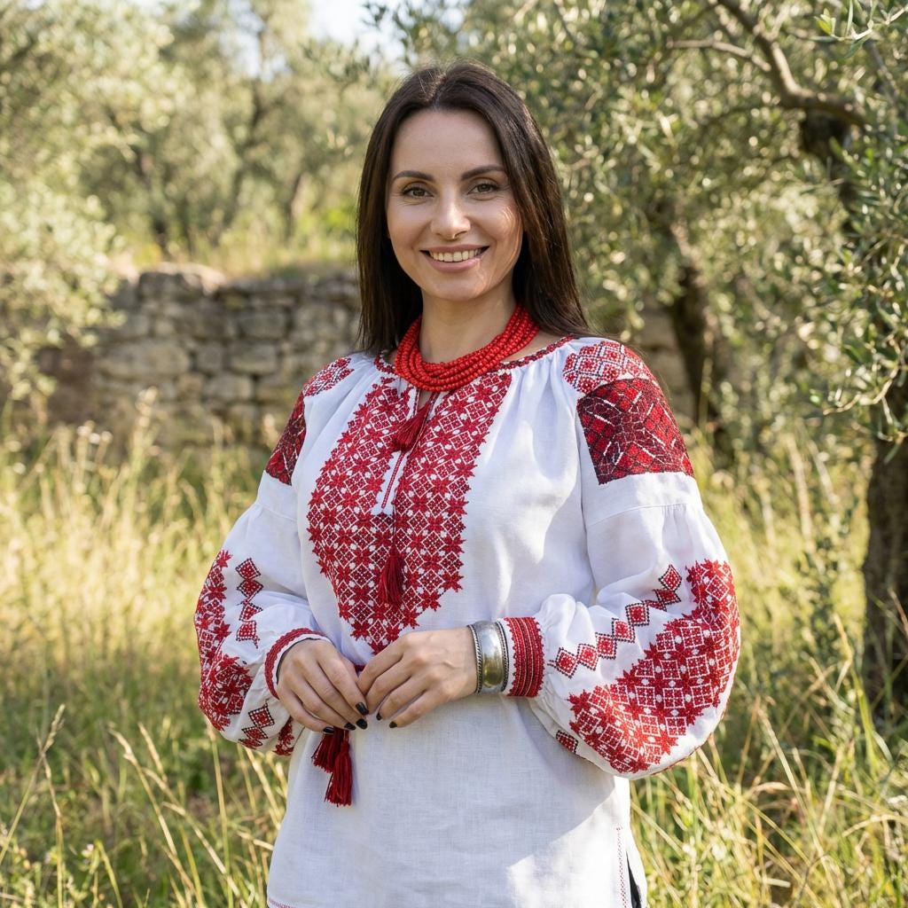 Traditional Vyshyvanka, Red Cross Stitch Top, White Boho Tunic, Custom Size Shirt, Artisan Made, Handcrafted Gift for Her, Wife, Mom