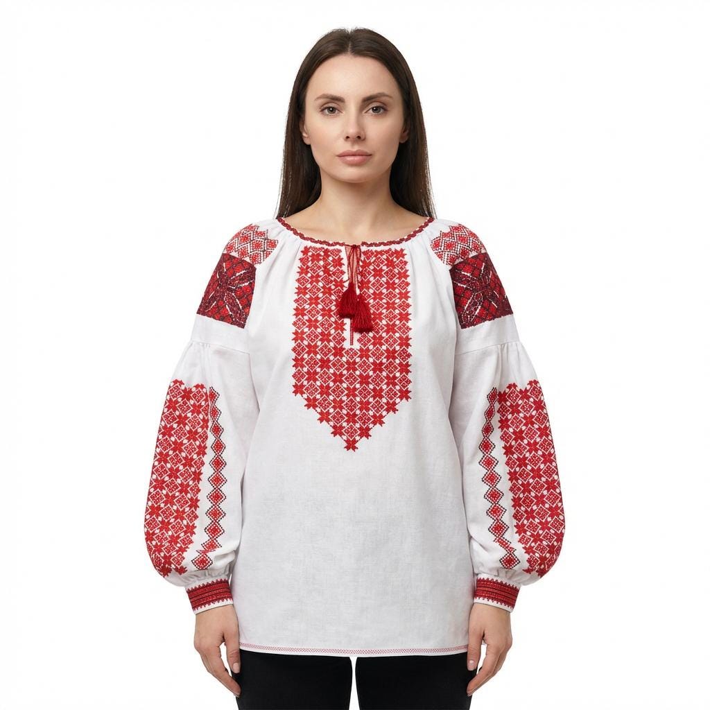 Traditional Vyshyvanka, Red Cross Stitch Top, White Boho Tunic, Custom Size Shirt, Artisan Made, Handcrafted Gift for Her, Wife, Mom