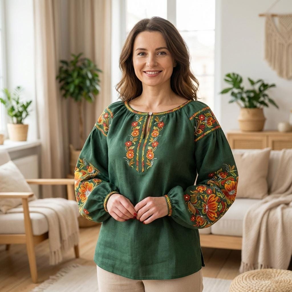 Emerald Green 100% Linen Blouse | Petrykivka Floral Embroidery | Ukrainian Vyshyvanka | Boho Folk Peasant Top | Eco Gift & Family Look