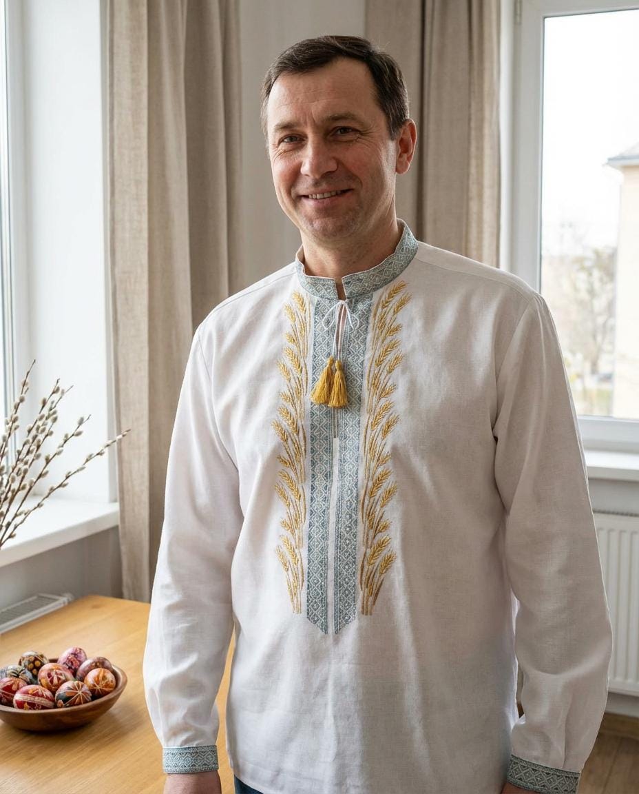 Embroidered Men’s Shirt – Ukrainian Vyshyvanka with Wheat Symbol and Folk Patterns