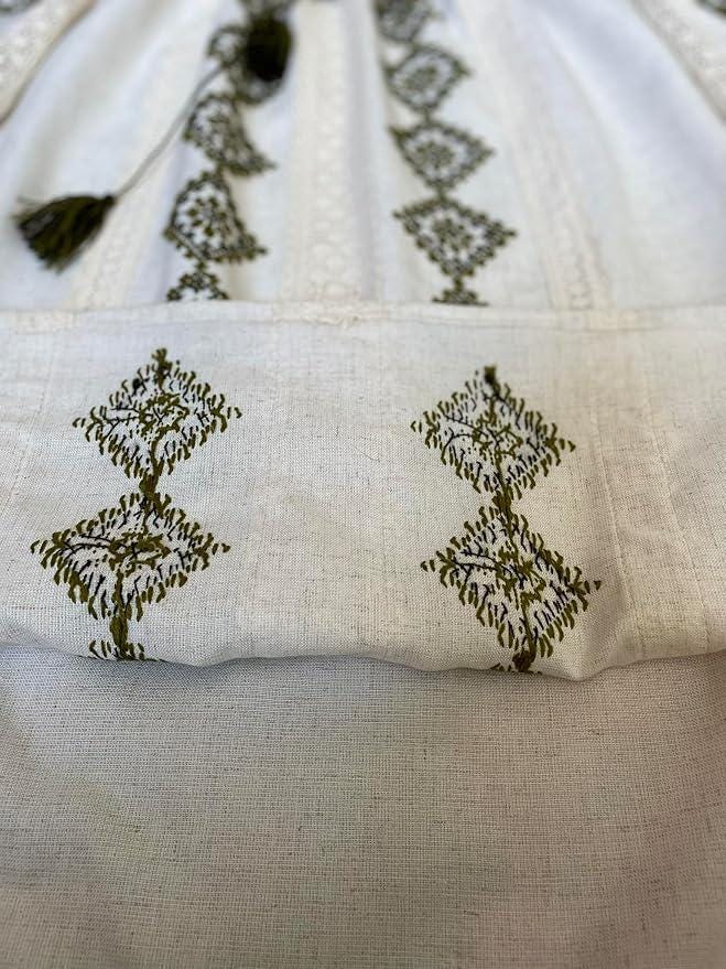 Handcrafted Linen Cotton Top, Olive Green Embroidery, Boho Peasant Tunic, Artisan Made Shirt, Slow Fashion, Spring Festival Outfit, Mom Gift