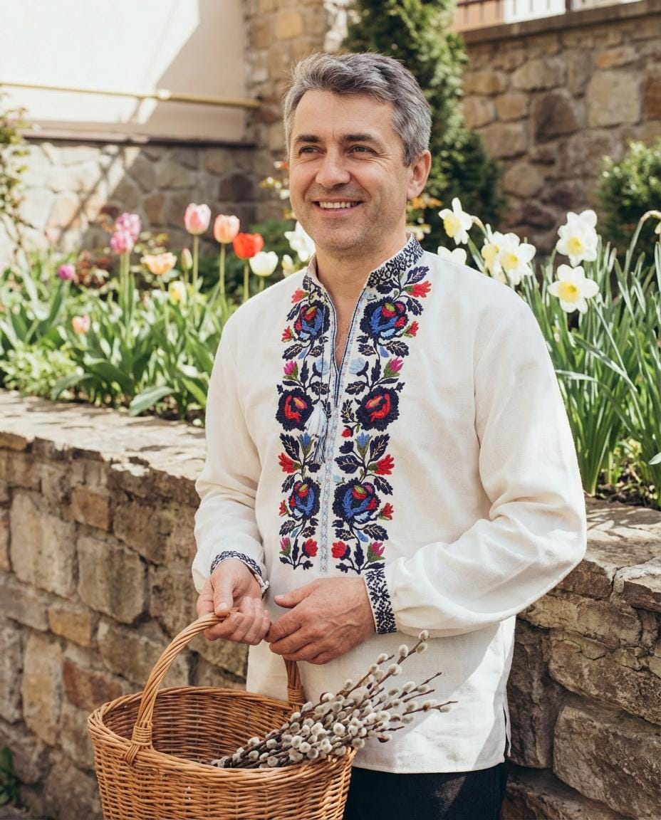 Ukrainian Easter Shirt, Floral Embroidery Men, Linen Viscose Top, Borshchiv Style, Traditional Folk Clothing, Eco Gift for Him