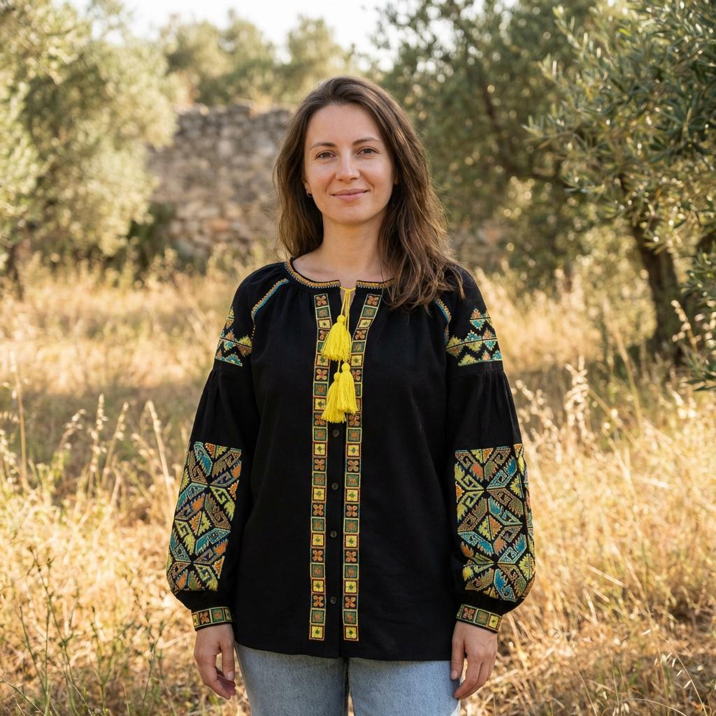 Black Linen Viscose Blouse, Geometric Boho Top, Yellow Tassels, Eco Gift Packaging, Plantable Tag, Custom Size Shirt, Ukrainian Vyshyvanka