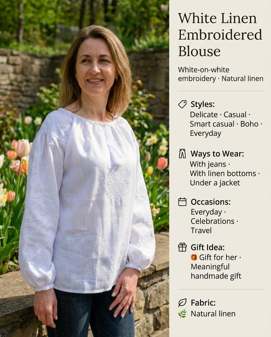 Custom White Linen Shirt, Whitework Embroidery, Sustainable Fashion, Eco Friendly Gift, Modern Ukrainian Blouse, Spring Boho Top, Wife