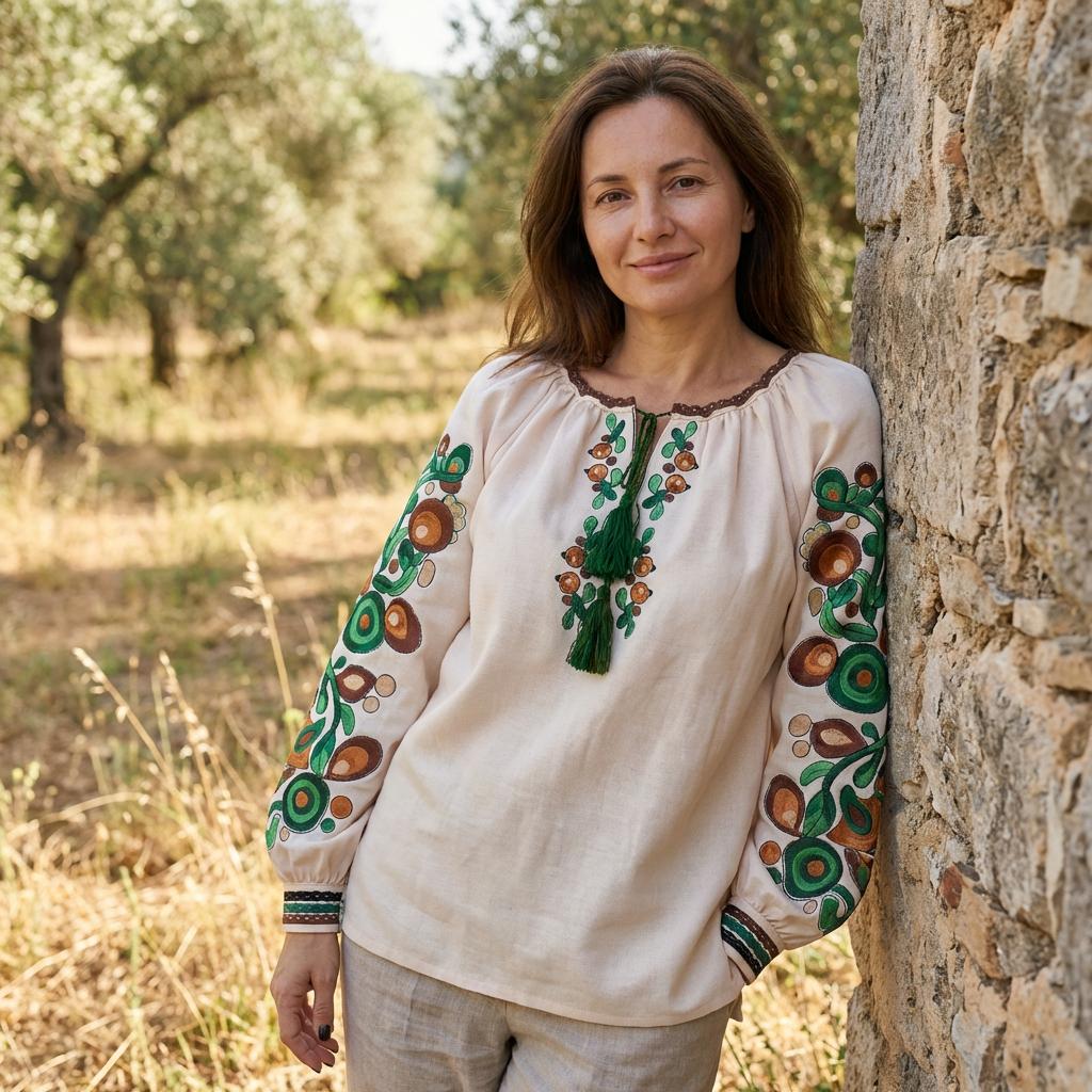 Kosiv Ceramic Style Blouse, Green and Brown Embroidery, Ukrainian Vyshyvanka, Soft Linen Blend Top, Custom Fit, Folk Art Shirt