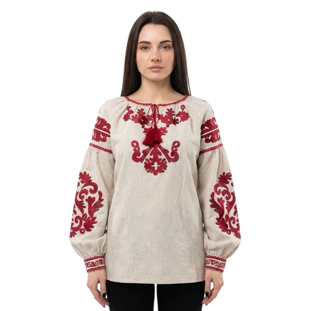Beige Linen Blend Blouse, Red Tree of Life Embroidery, Ukrainian Vyshyvanka, Boho Peasant Top, Custom Fit Shirt, Folk Art Tunic, Gift