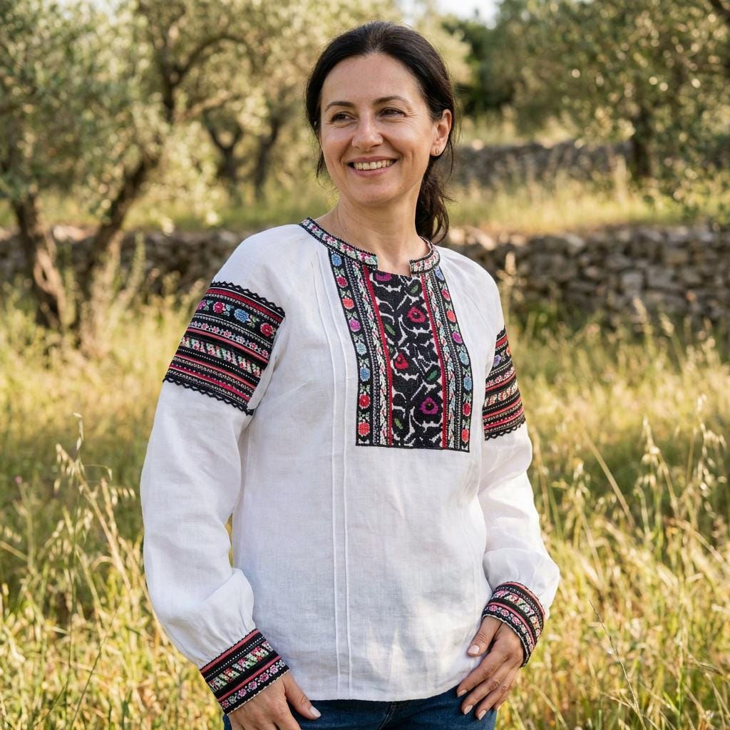 Borshchiv Style Blouse, Linen Cotton Vyshyvanka, Black Embroidery, Button Back Shirt, Ukrainian Folk Top, Custom Size, Matching Couple