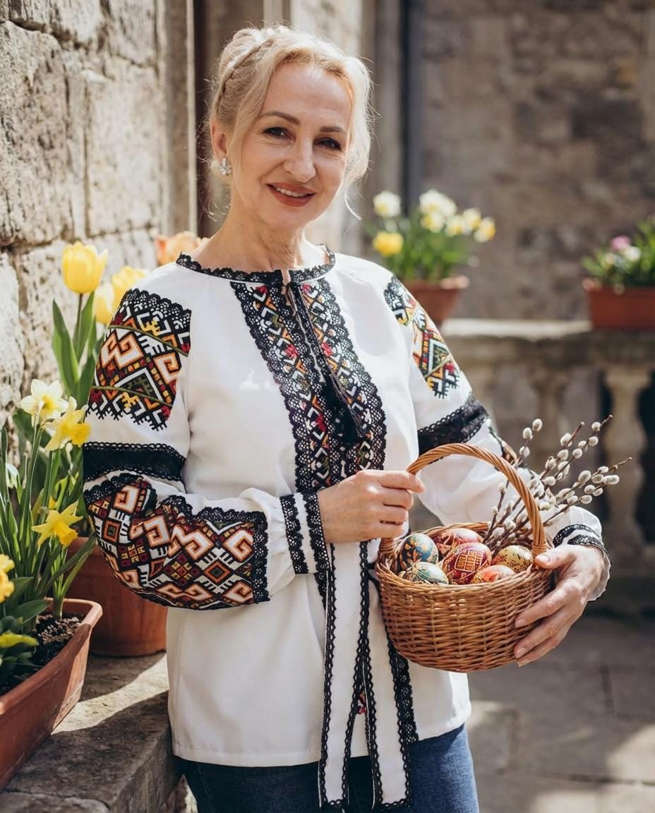 Ukrainian Easter Blouse, Lace Trim Boho Top, Geometric Embroidery, Wrinkle Free Crepe, Custom Size Folk Shirt, Modern Vyshyvanka, Mom Gift