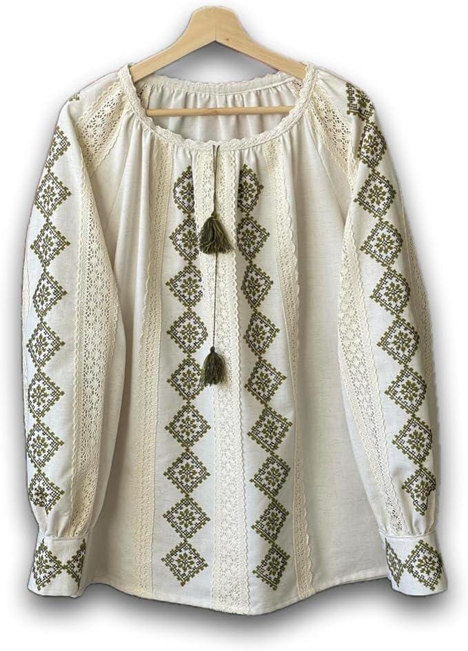 Handcrafted Linen Cotton Top, Olive Green Embroidery, Boho Peasant Tunic, Artisan Made Shirt, Slow Fashion, Spring Festival Outfit, Mom Gift
