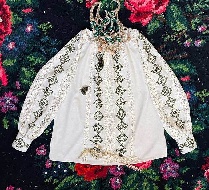 Handcrafted Linen Cotton Top, Olive Green Embroidery, Boho Peasant Tunic, Artisan Made Shirt, Slow Fashion, Spring Festival Outfit, Mom Gift