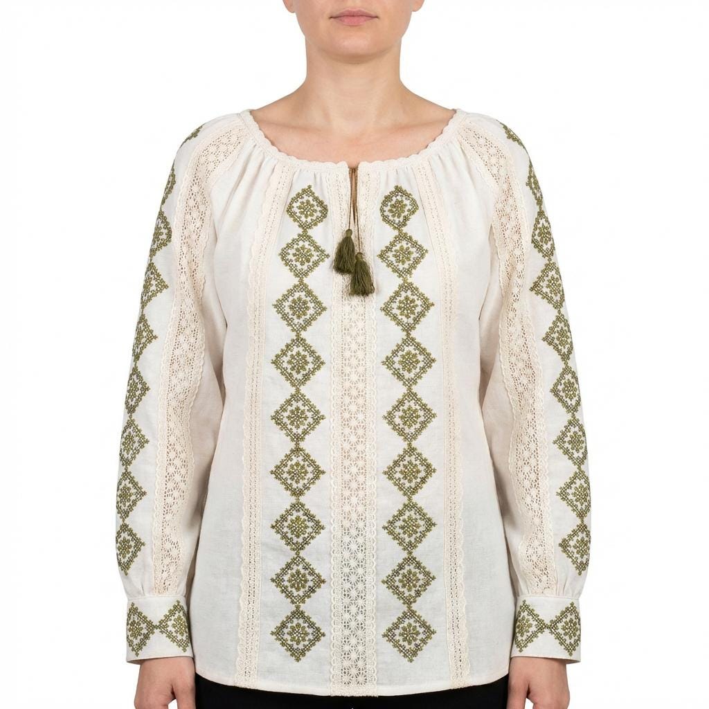 Handcrafted Linen Cotton Top, Olive Green Embroidery, Boho Peasant Tunic, Artisan Made Shirt, Slow Fashion, Spring Festival Outfit, Mom Gift
