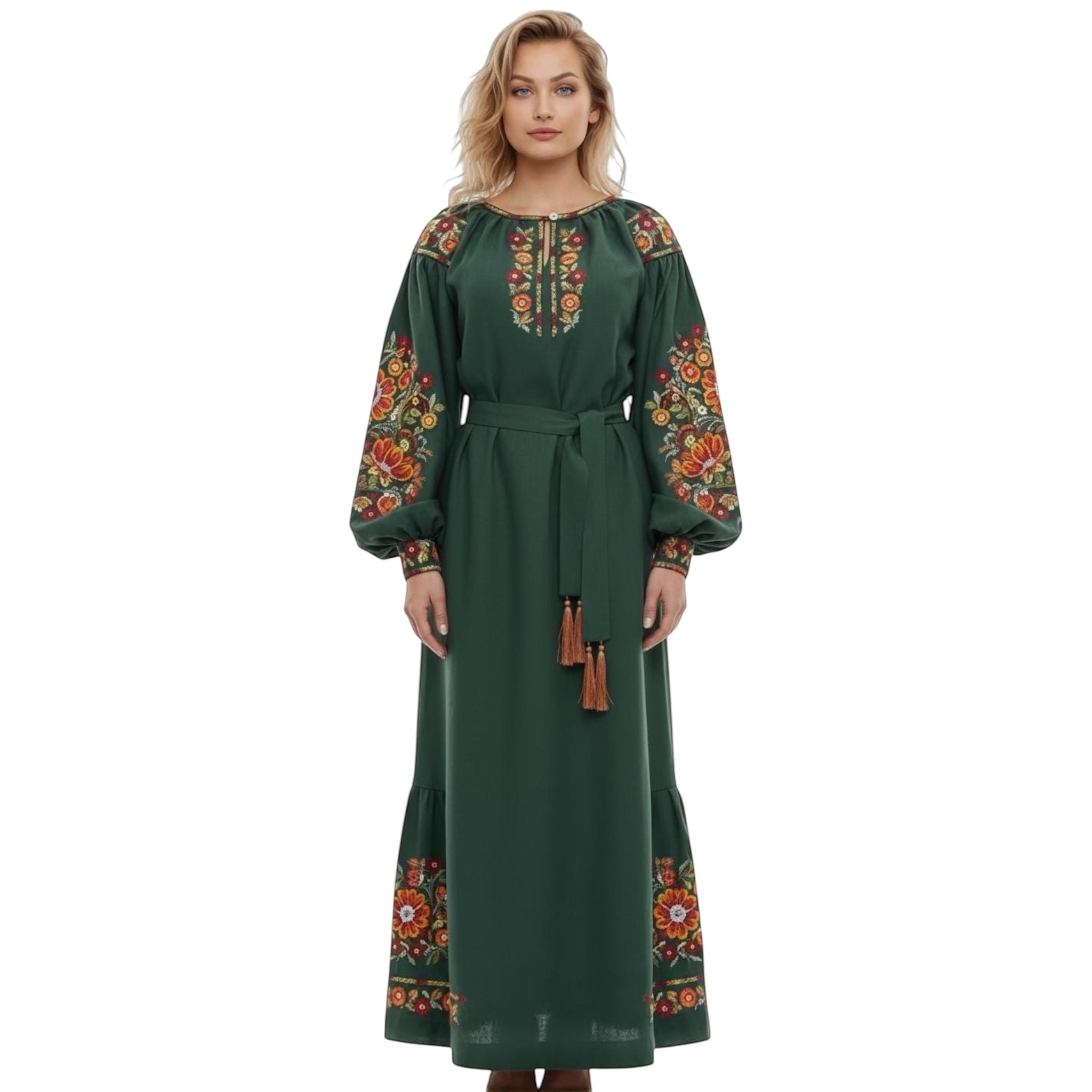 Embroidered Linen Dress for Women | Green Vyshyvanka with Petrykivka Floral Design
