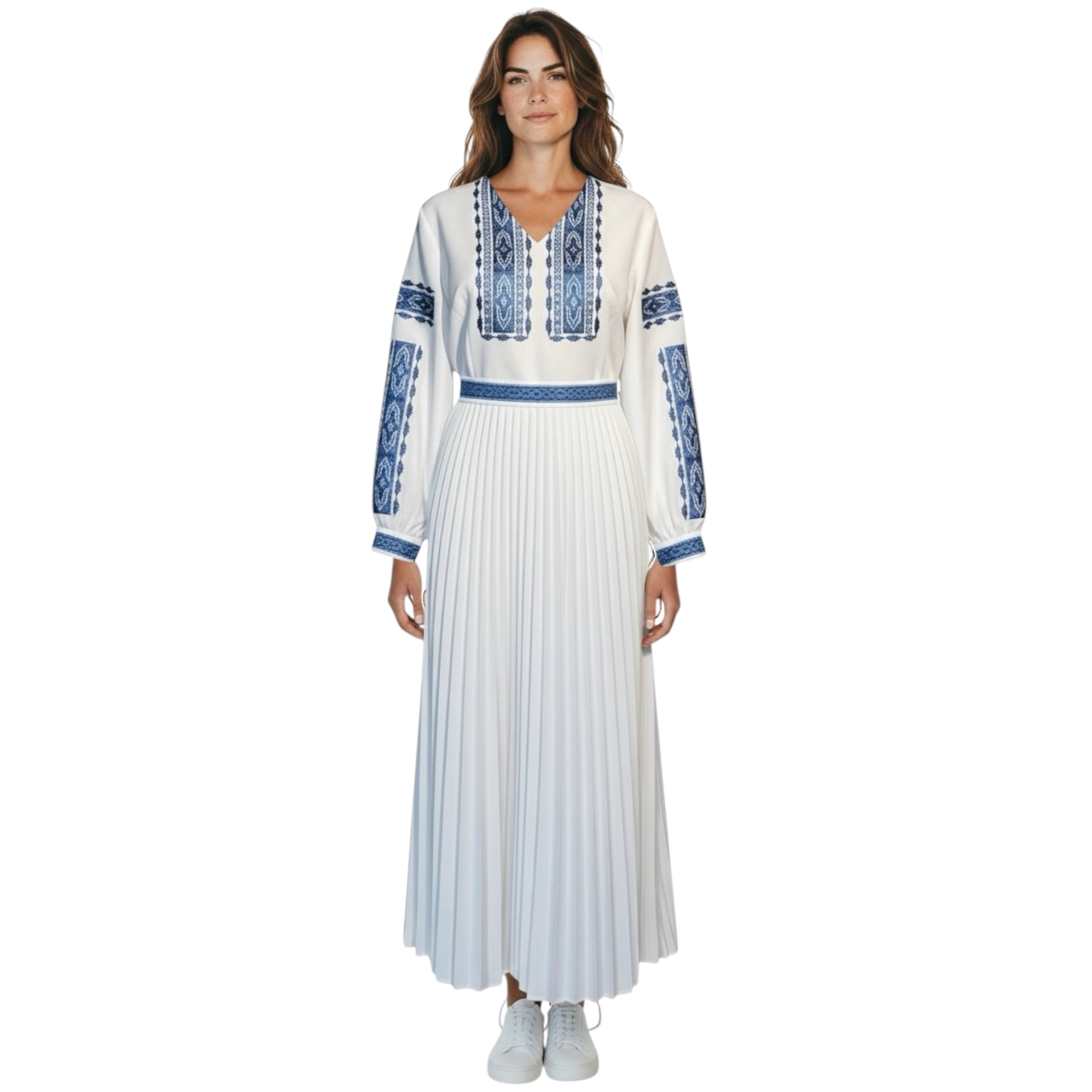 Blue Embroidered Vyshyvanka Dress – Pleated Midi