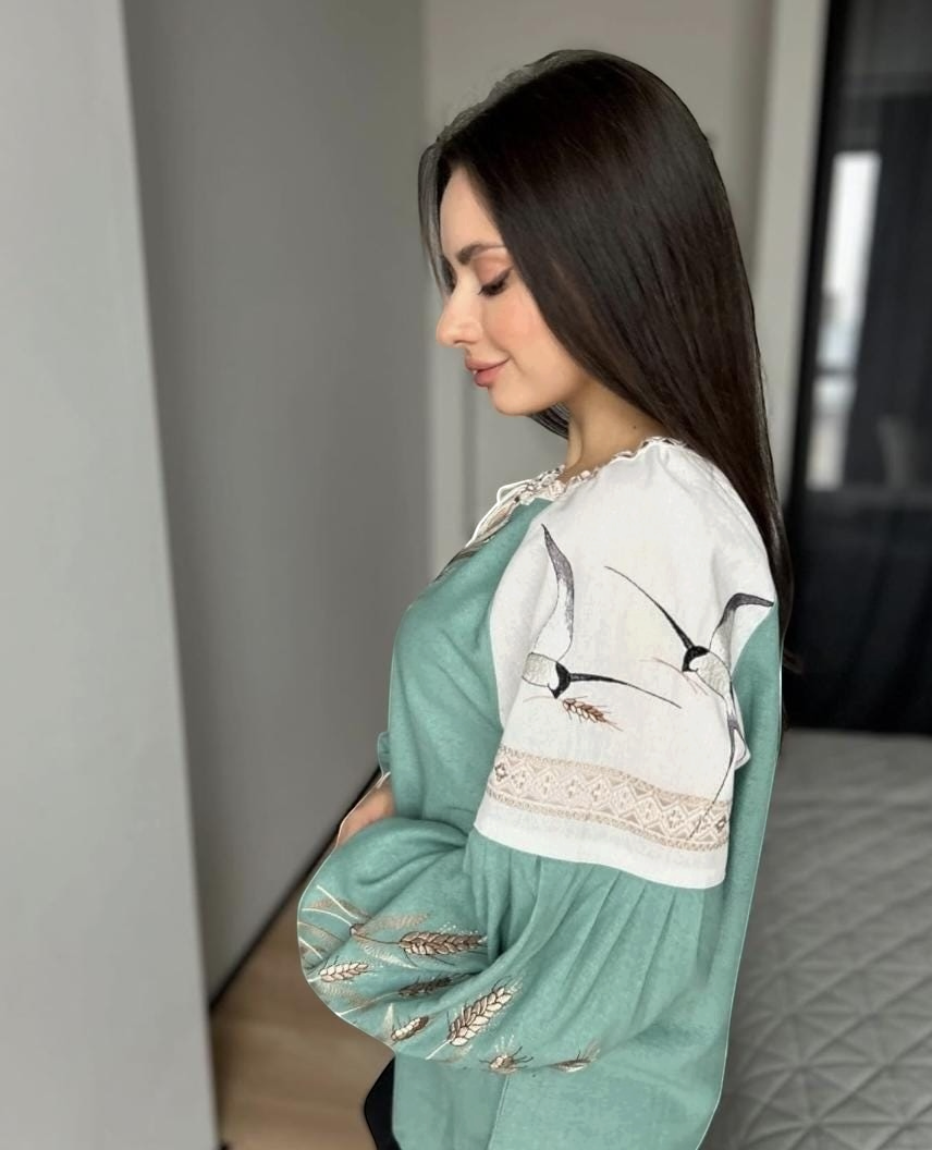 Mint Vyshyvanka Blouse – Handmade Embroidery Wheat and Swallows Folk Shirt