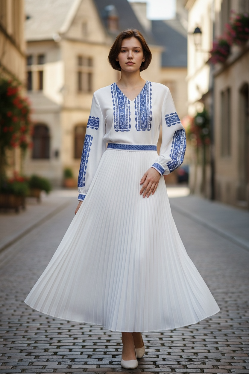 Blue Embroidered Vyshyvanka Dress – Pleated Midi