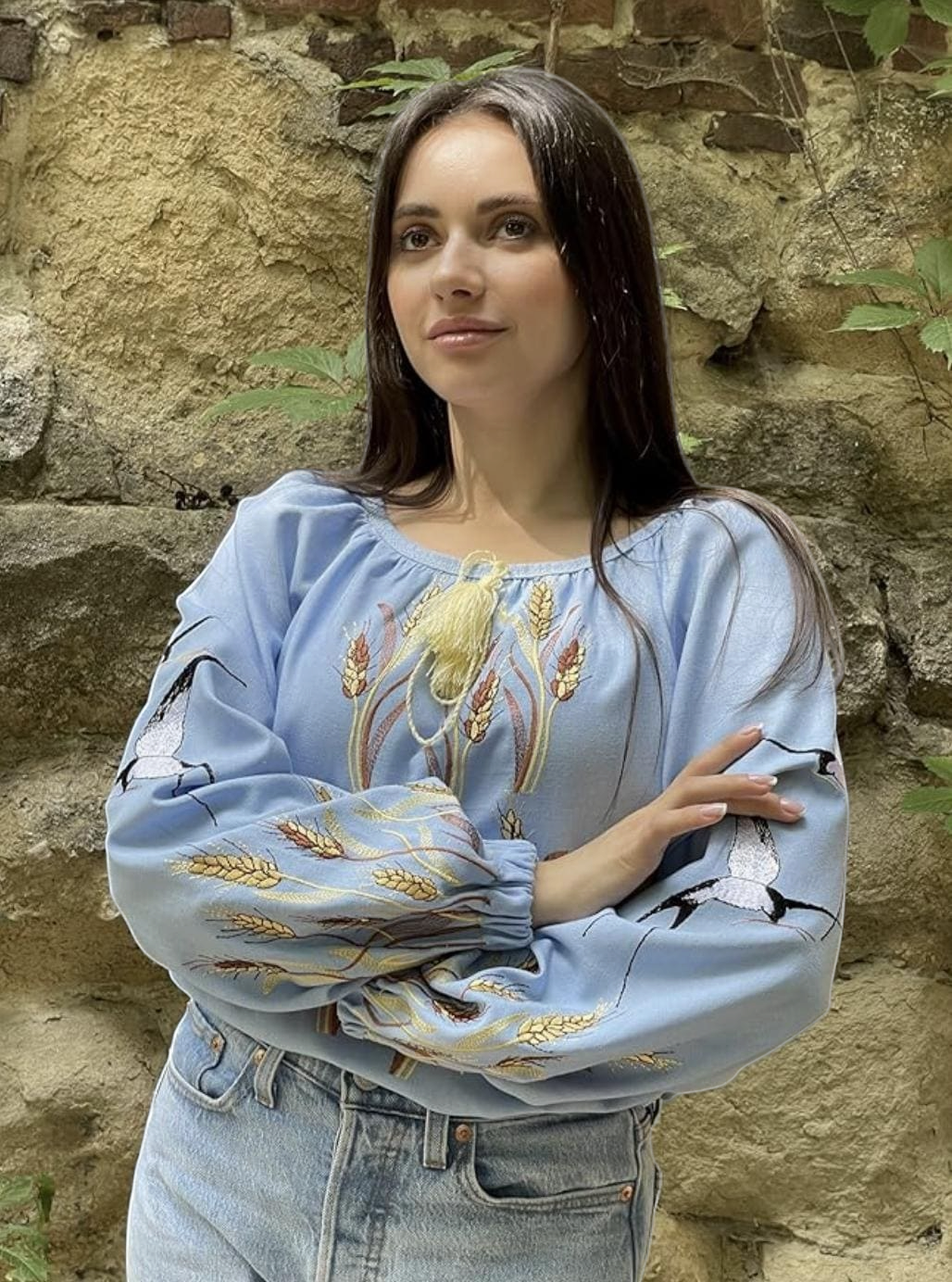 Custom Blue Linen Vyshyvanka – Bohemian Embroidered Blouse with Swallows and Wheat