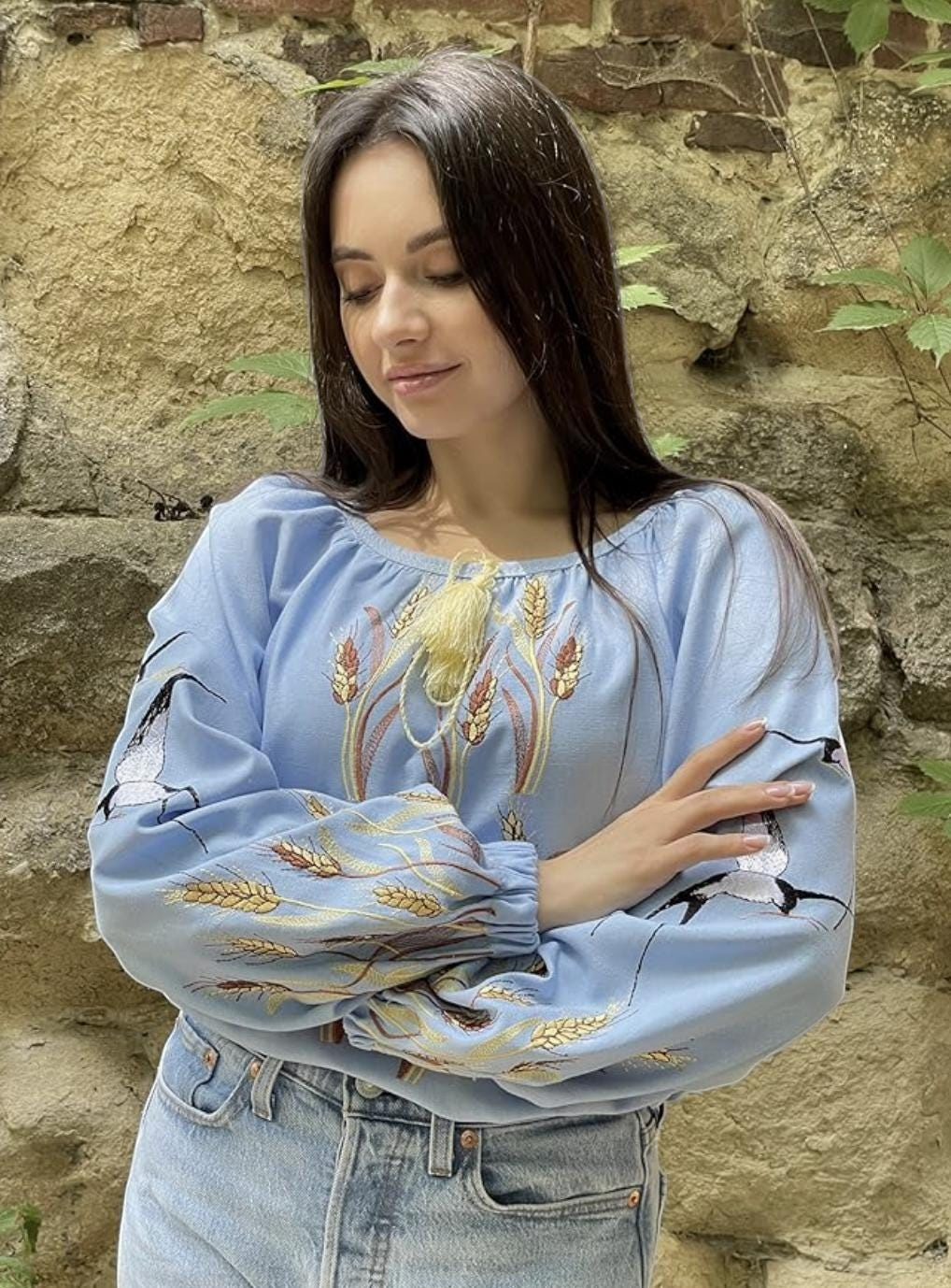 Custom Blue Linen Vyshyvanka – Bohemian Embroidered Blouse with Swallows and Wheat