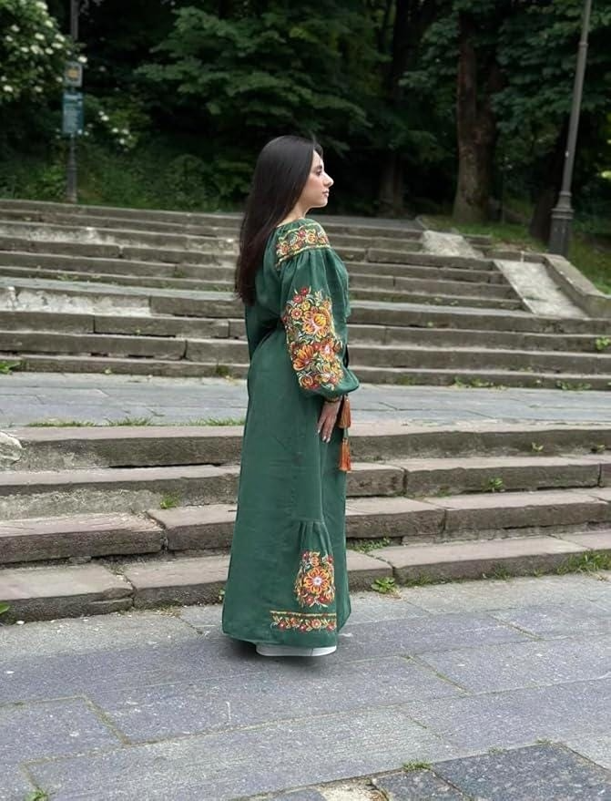 Embroidered Linen Dress for Women | Green Vyshyvanka with Petrykivka Floral Design