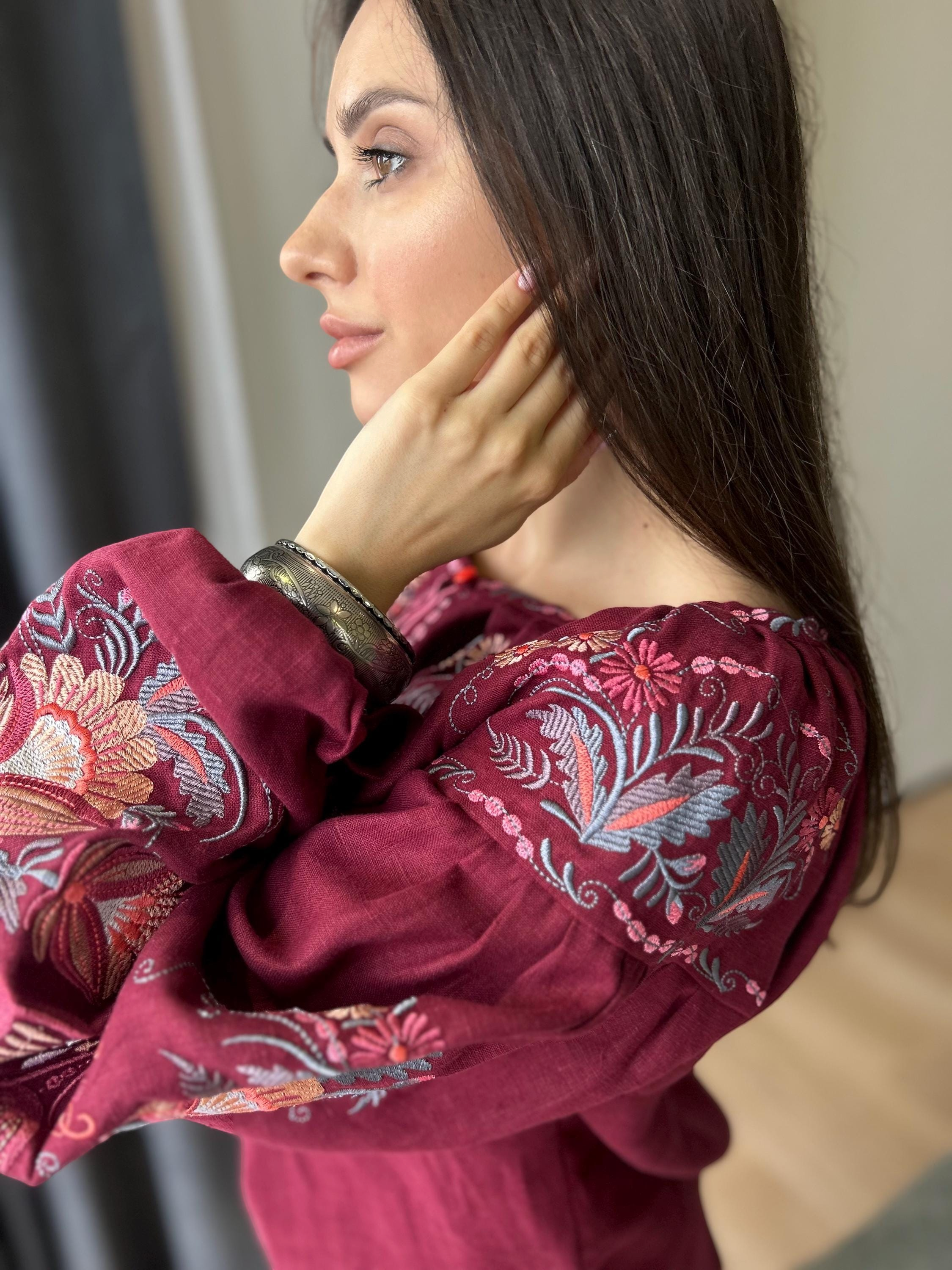 Burgundy Linen Vyshyvanka, Petrykivka Floral Boho Top, Ukrainian Embroidered Blouse, Folk Peasant Shirt