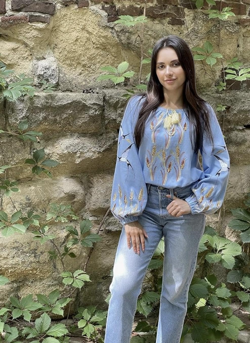 Custom Blue Linen Vyshyvanka – Bohemian Embroidered Blouse with Swallows and Wheat