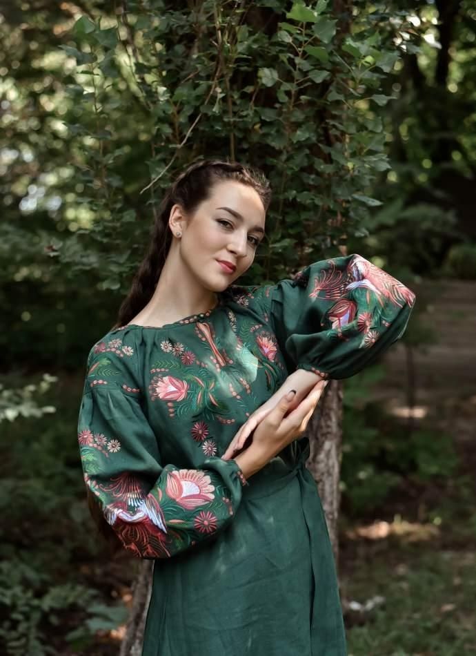 Embroidered Linen Dress for Women | Green Vyshyvanka with Petrykivka Floral Design