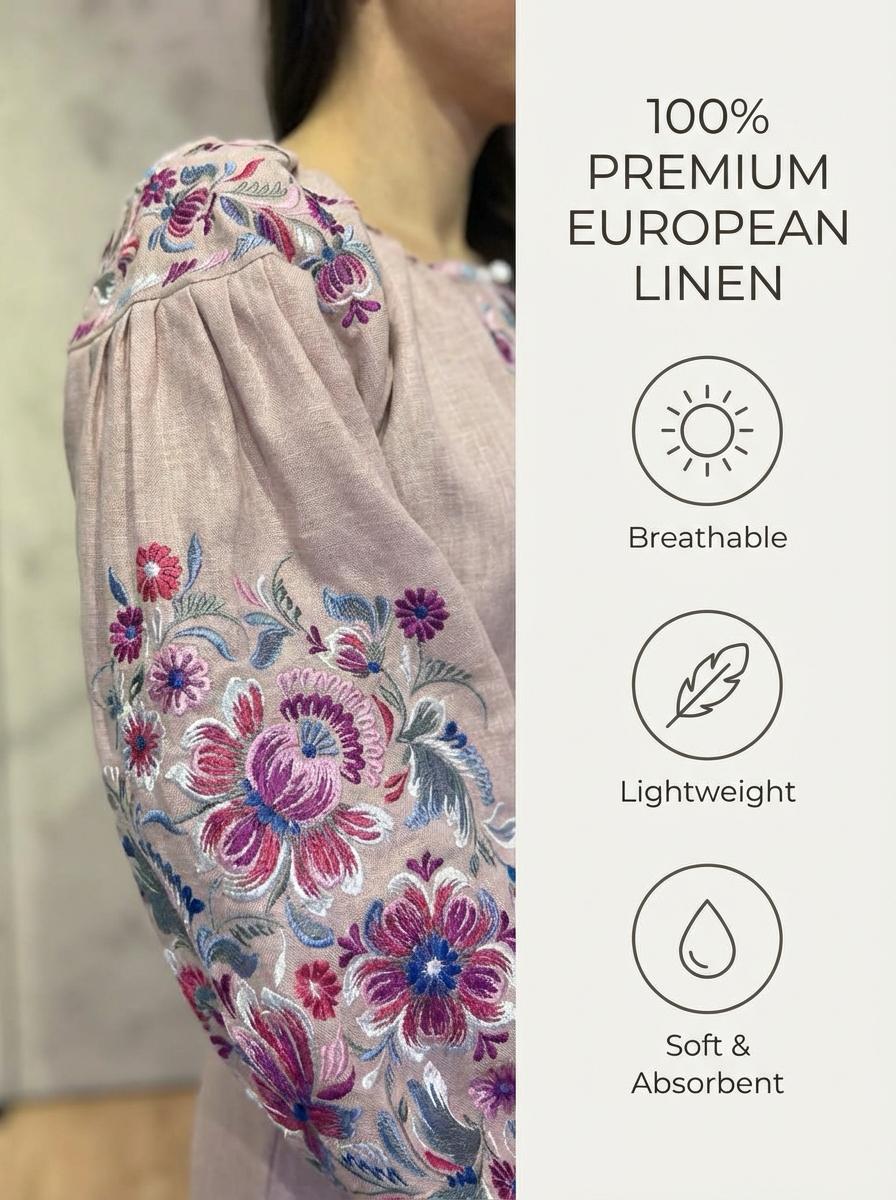 Powder Pink Linen Dress with Petrykivka Embroidery