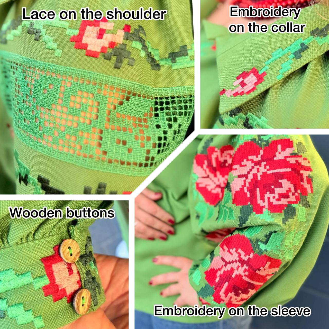 Handcrafted Floral Shirt, Green Boho Top with Roses, Custom Linen Blouse, Premium Embroidered Vyshyvanka, Summer Folk Tunic, Gift for Her