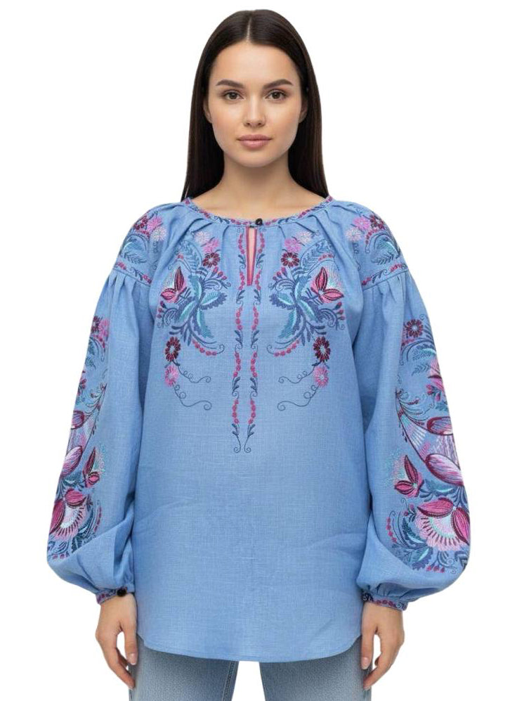 Blue Linen Vyshyvanka, Petrykivka Floral Boho Top, Ukrainian Embroidered Blouse, Folk Peasant Shirt,